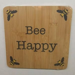 Kitchen Bamboo Trivet "Bee Happy" Bumblebee Bees 6.5” × 6.5" Farmhouse Style
